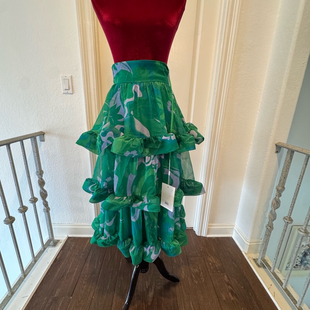 🦄 NWT Mac Duggal Sz 2 Printed Chiffon Green Floral A-Line Tiered Ruffle Skirt - Picture 2 of 16